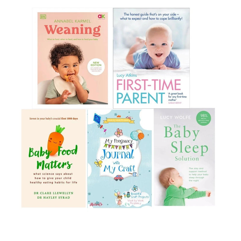 Set of five parenting books on baby weaning and first-time parent advice by Yellow Kite, featuring insights from Drs Clare Llewellyn and Hayley Syrad