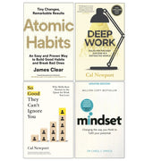 Collection of four paperback non-fiction books including Atomic Habits, Deep Work, Mindset by James Clear, Cal Newport, and Dr. Carol Dweck