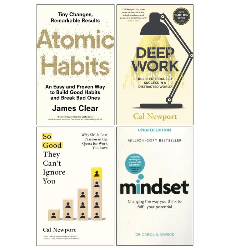 Collection of four paperback non-fiction books including Atomic Habits, Deep Work, Mindset by James Clear, Cal Newport, and Dr. Carol Dweck