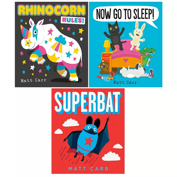 Matt Carr Collection 3 Books Set Now Go to (Sleep!, Superbat, Rhinocorn Rules) - The Book Bundle