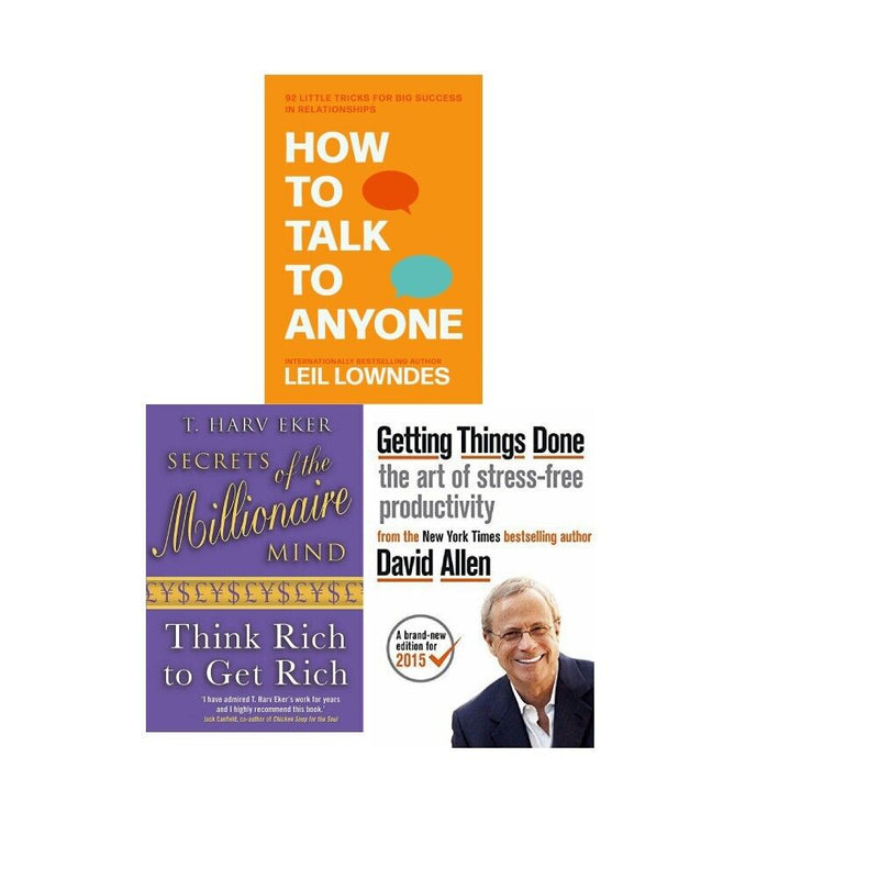 Set of three paperback non-fiction books by Leil Lowndes, David Allen, and T. Harv Eker on communication, productivity, and wealth mindset.