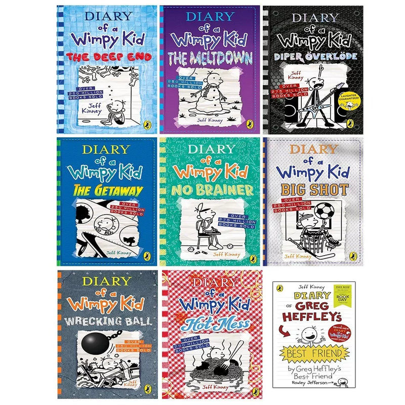 Set of Diary of a Wimpy Kid Series 9 books by Jeff Kinney, featuring colorful covers from the Meltdown Books collection.