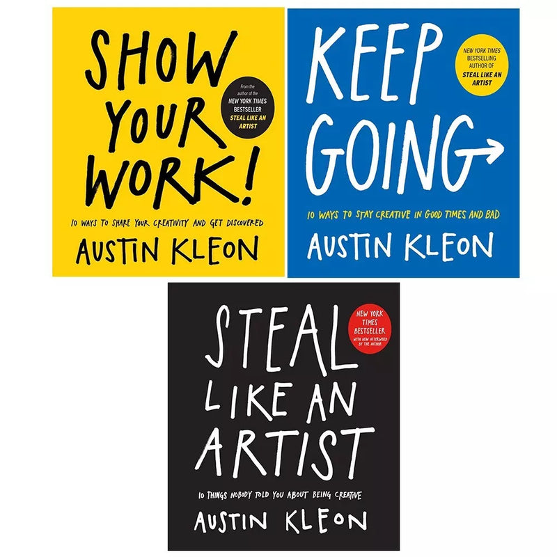 Austin Kleon collection of three books including "Keep Going," "Steal Like an Artist," and "Show Your Work" by Workman Publishing.