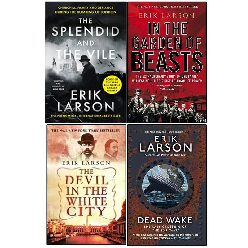 Erik Larson 4-book collection set including The Splendid, The Devil, In The Garden of Beasts, Dead Wake, published by Black Swan & William Collins