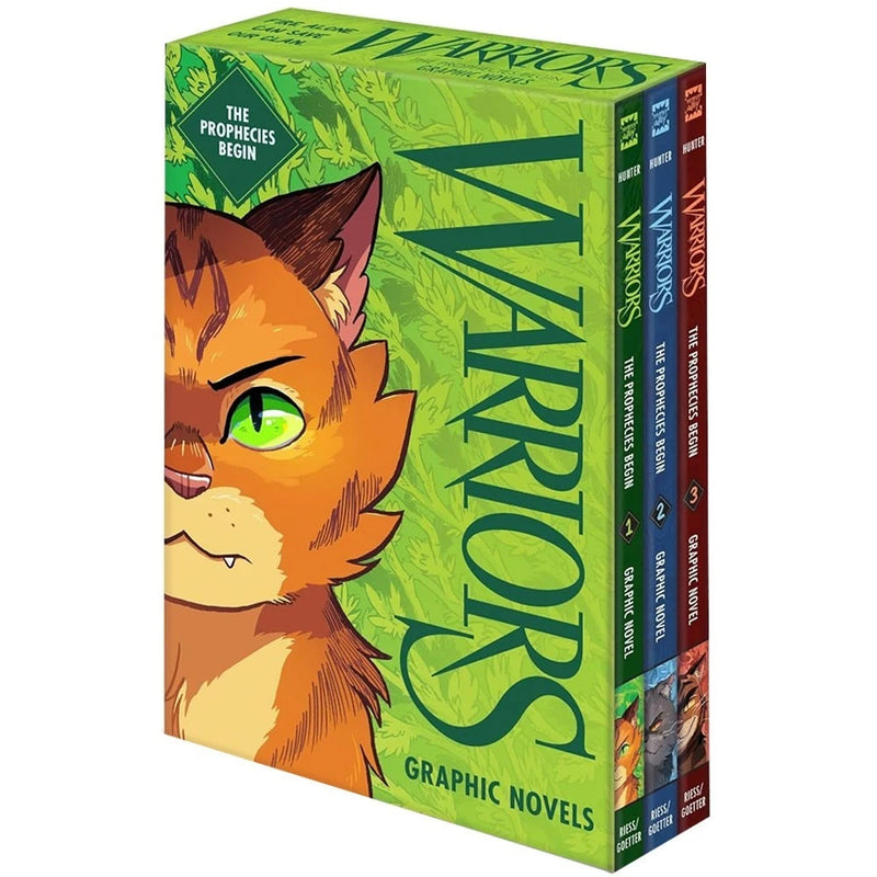 Warriors graphic novel box set by Erin Hunter featuring books 1-3 of the Prophecies Begin series, with colorful cover art.