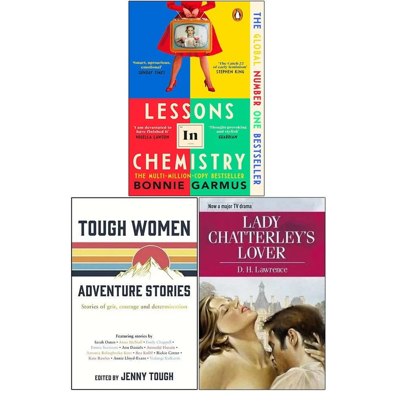 Cover image of "Lessons in Chemistry" novel by Bonnie Garmus with related book collection set, featuring colorful book covers.