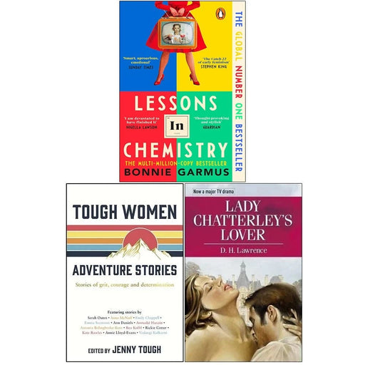 Cover image of "Lessons in Chemistry" novel by Bonnie Garmus with related book collection set, featuring colorful book covers.