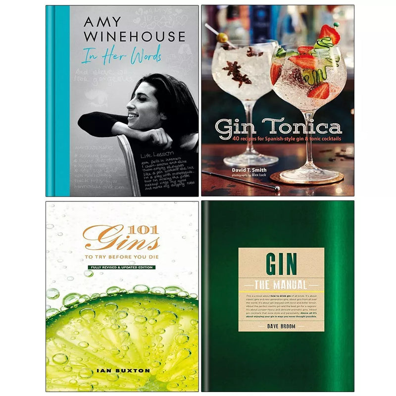 Book set including Amy Winehouse In Her Words and four gin-themed books by David T. Smith, Ian Buxton, and Dave Broom, featuring colorful covers.