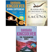 Three Barbara Kingsolver books set featuring The Lacuna, Demon Copperhead, and Poisonwood Bible with colorful covers displayed.