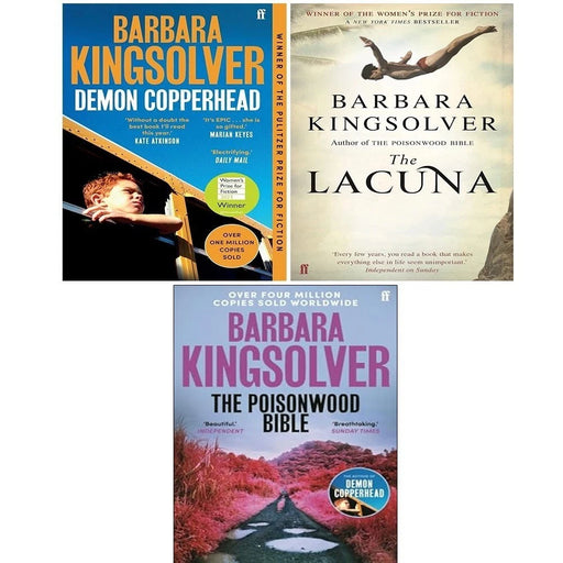 Three Barbara Kingsolver books set featuring The Lacuna, Demon Copperhead, and Poisonwood Bible with colorful covers displayed.