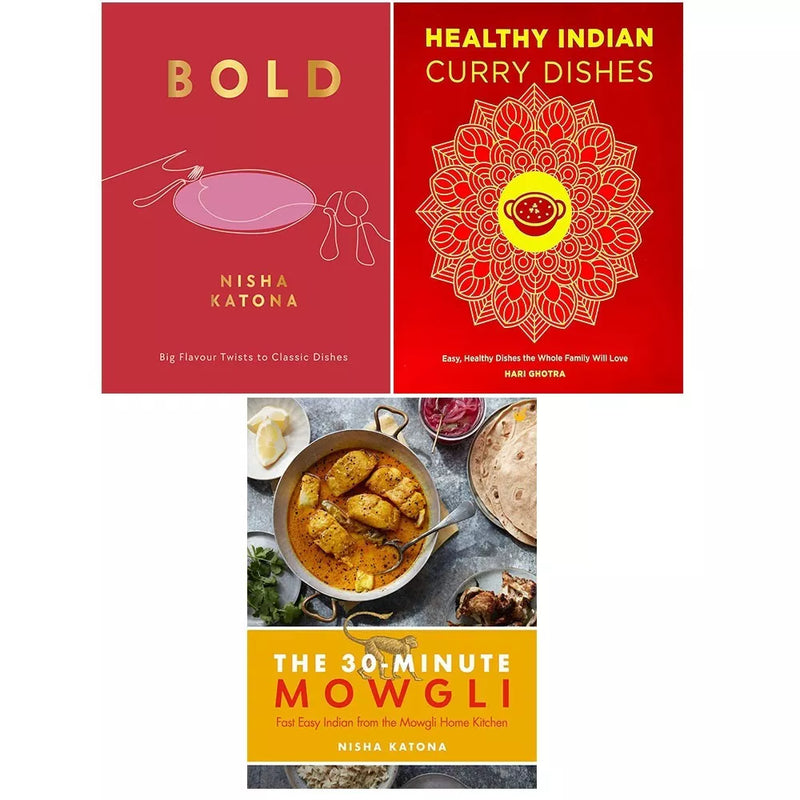 Set of three cookbooks featuring healthy Indian curry recipes by Nisha Katona and Hari Ghotra, showcasing vibrant dish photos.