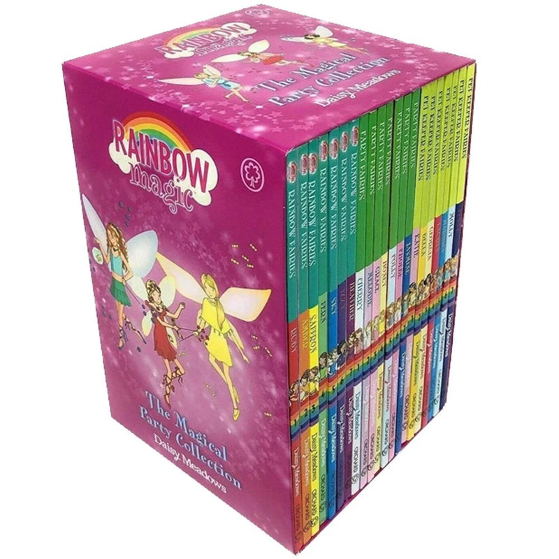 Rainbow Magic The Magical Party Collection of 21 paperback books by Daisy Meadows featuring colorful covers for ages 5-7.