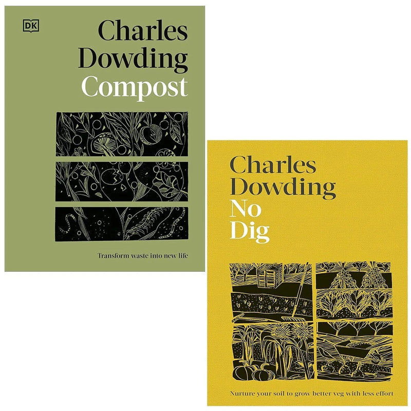 Charles Dowding Collection 2 hardcover gardening books, No Dig and Compost by Jonathan Gibbs, featuring plant and soil cultivation tips.