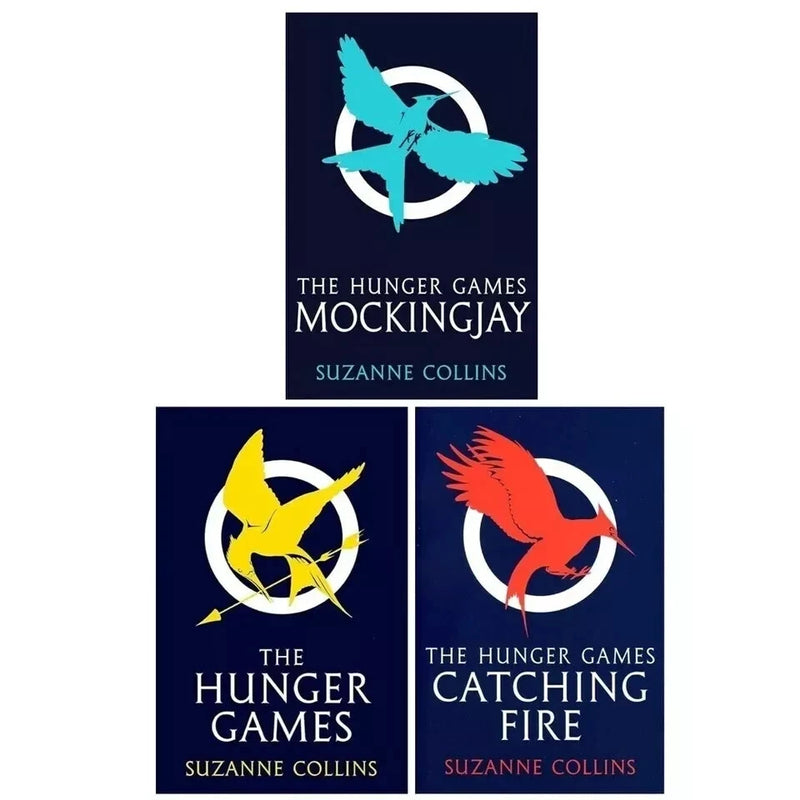 Set of three Hunger Games trilogy books by Suzanne Collins, Scholastic edition, featuring covers of The Hunger Games, Catching Fire, and Mockingjay.