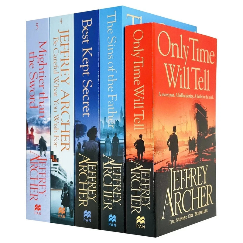 Set of five Jeffrey Archer Clifton Chronicles fiction paperback books, featuring colorful covers in a collection display.