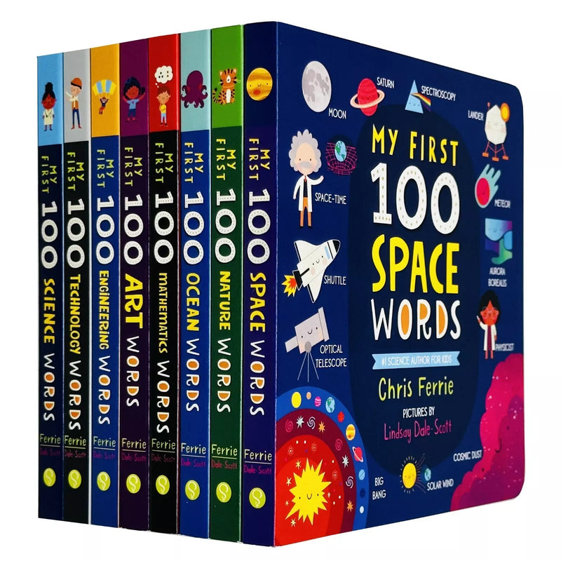 My First STEAM + Words Library boxed set of 8 books by Chris Ferrie, featuring colorful educational science and word-learning illustrations.