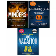 John Marrs Collection of three books including Minders, Five Strangers, Vacation, and Passengers, featuring book covers with titles and artwork.