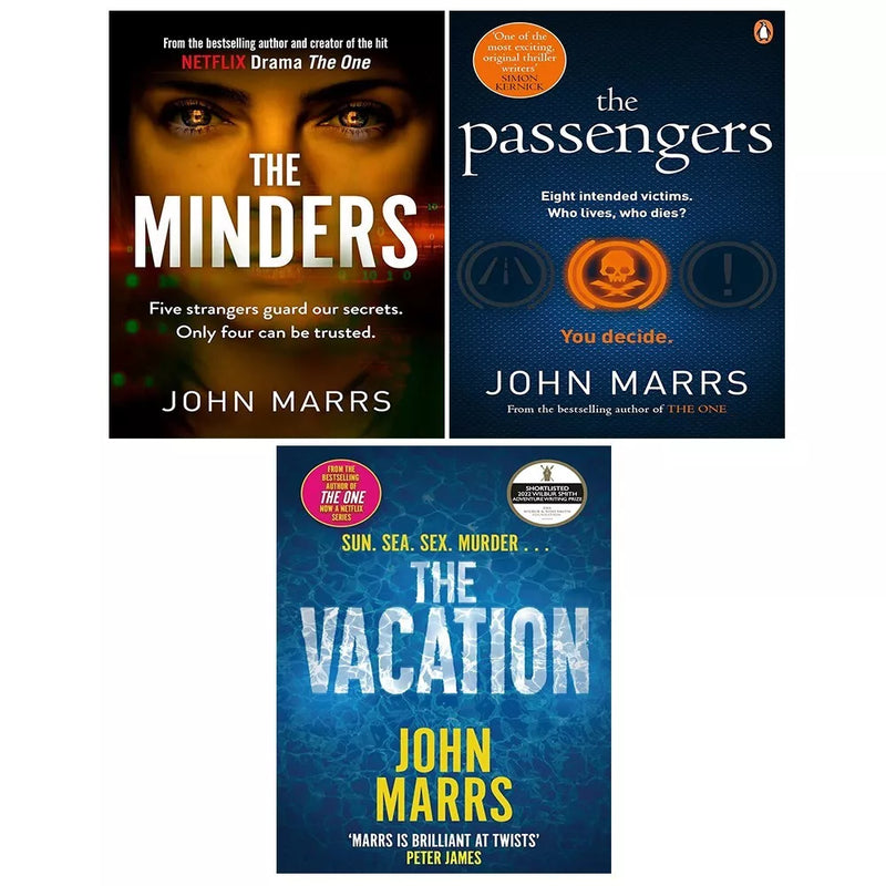John Marrs Collection of three books including Minders, Five Strangers, Vacation, and Passengers, featuring book covers with titles and artwork.