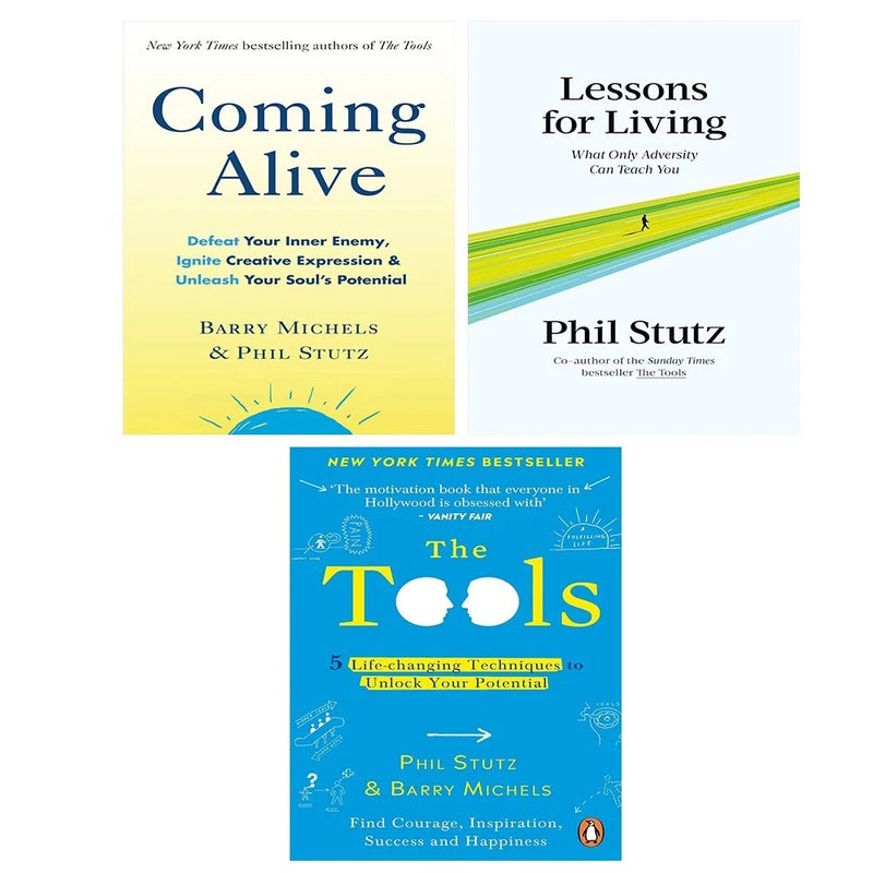 Vermilion book set by Phil Stutz and Barry Michels including "Coming Alive" and "Lessons for Living" with three inspiring titles.