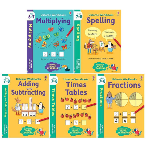 Usborne Workbooks Home Learning Age 6-8 Collection 5 Books Set (Multiplying, Fractions, Times Tables) - The Book Bundle