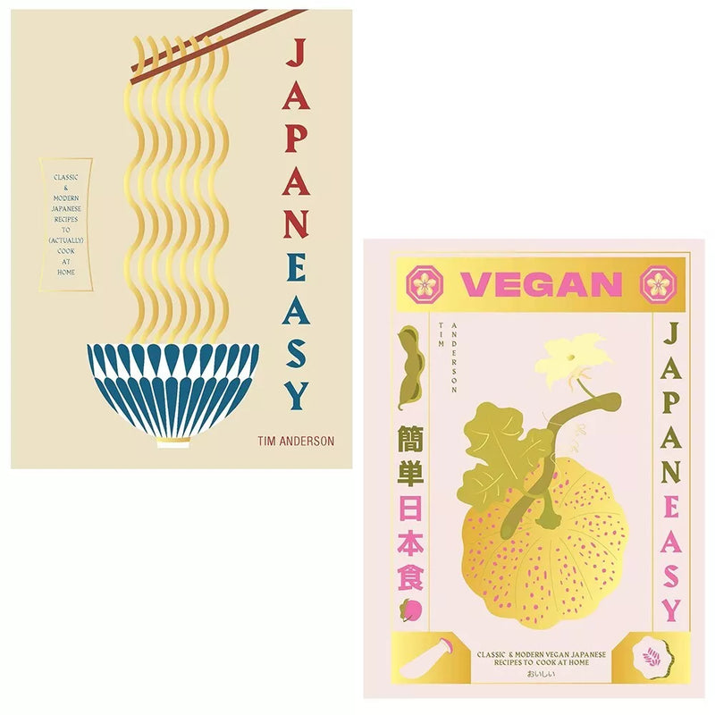 Tim Anderson’s Japaneasy and Vegan JapanEasy books set by Hardie Grant Books, featuring colorful covers and Japanese cuisine illustrations.