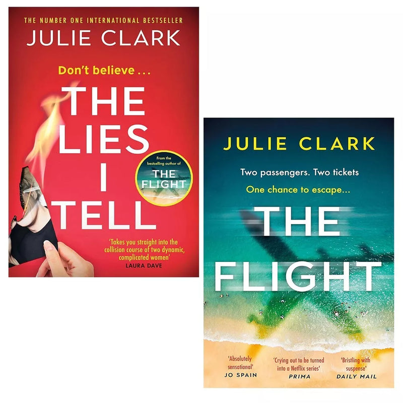 Julie Clark Collection of 2 Hodder Paperbacks including Flight and Lies I Tell, featuring book covers and titles.