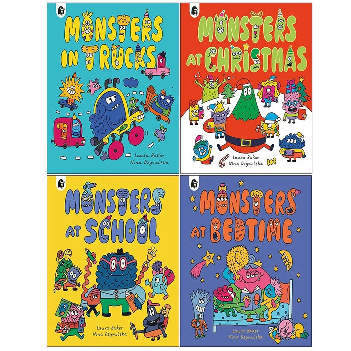 Monsters at Bedtime Series 4 Books Set by Laura Baker, Nina Dzyvulska Christmas - The Book Bundle