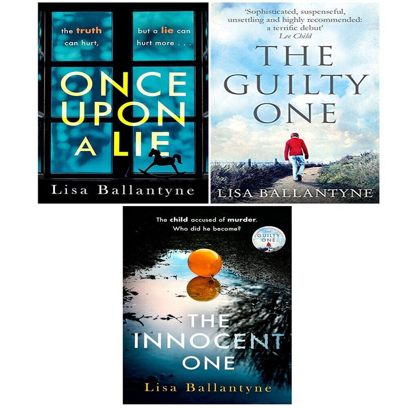 Lisa Ballantyne book collection featuring "Once Upon a Lie," "Innocent One," and "Guilty One" paperbacks with cover artwork.