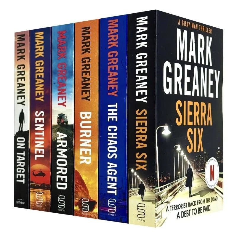 Six paperback books from the Gray Man series by Mark Greaney, featuring spy fiction in a Sphere collection.