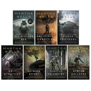 Seven paperback books from The Murderbot Diaries collection by Martha Wells, featuring futuristic fiction and Tor Books branding.