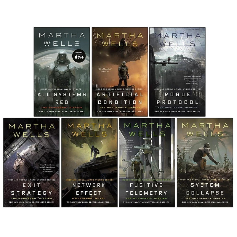 Seven paperback books from The Murderbot Diaries collection by Martha Wells, featuring futuristic fiction and Tor Books branding.