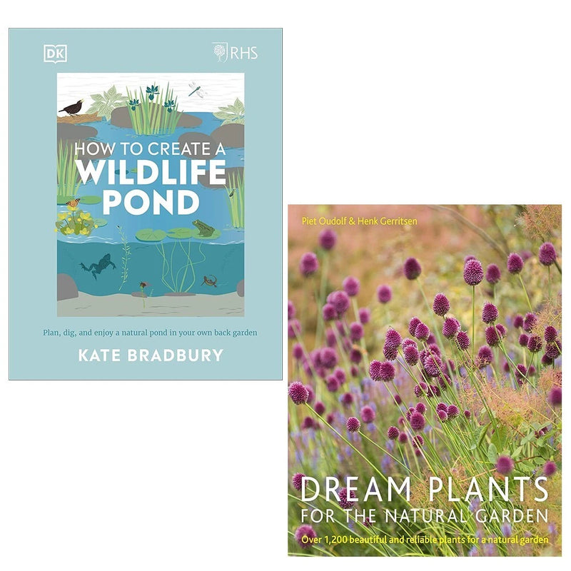 Set of two hardcover books on creating wildlife ponds and natural garden plants by Kate Bradbury, Piet Oudolf, and Henk Gerritsen.