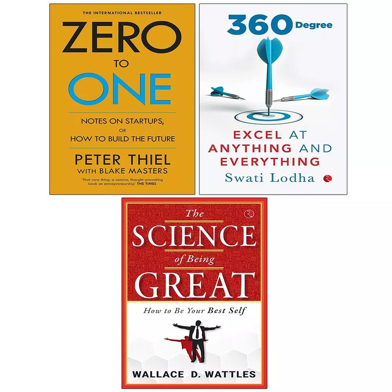Set of three books including "Zero to One" by Blake Masters, "Science of Being Great," and "360 Degree" by Swati Lodha, published by Rupa.