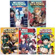 Collection of five My Hero Academia Team-Up Missions manga books by Yoko Akiyam, featuring colorful cover art and character illustrations.