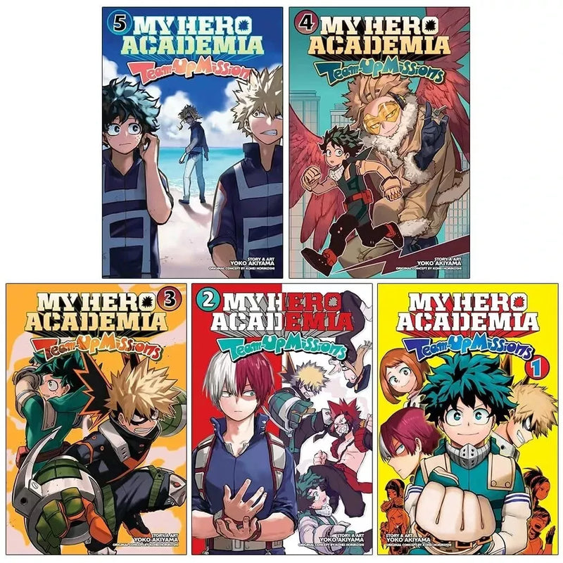 Collection of five My Hero Academia Team-Up Missions manga books by Yoko Akiyam, featuring colorful cover art and character illustrations.