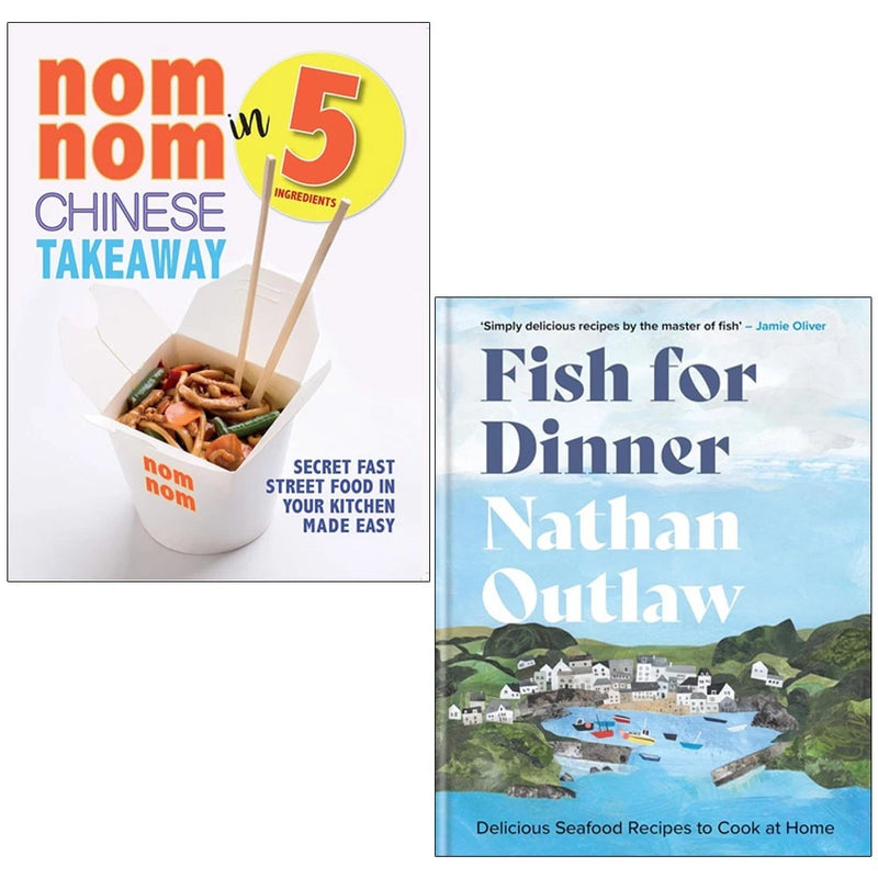 Two Nom Nom Chinese Takeaway cookbooks by Iota Publishing, featuring colorful cover images with Asian-inspired recipes and vibrant food photos.