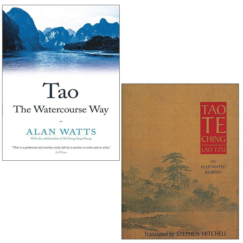 Set of two hardcover books: Tao Te Ching by Stephen Mitchell and Tao Watercourse Way by Alan Watts, featuring elegant cover designs.