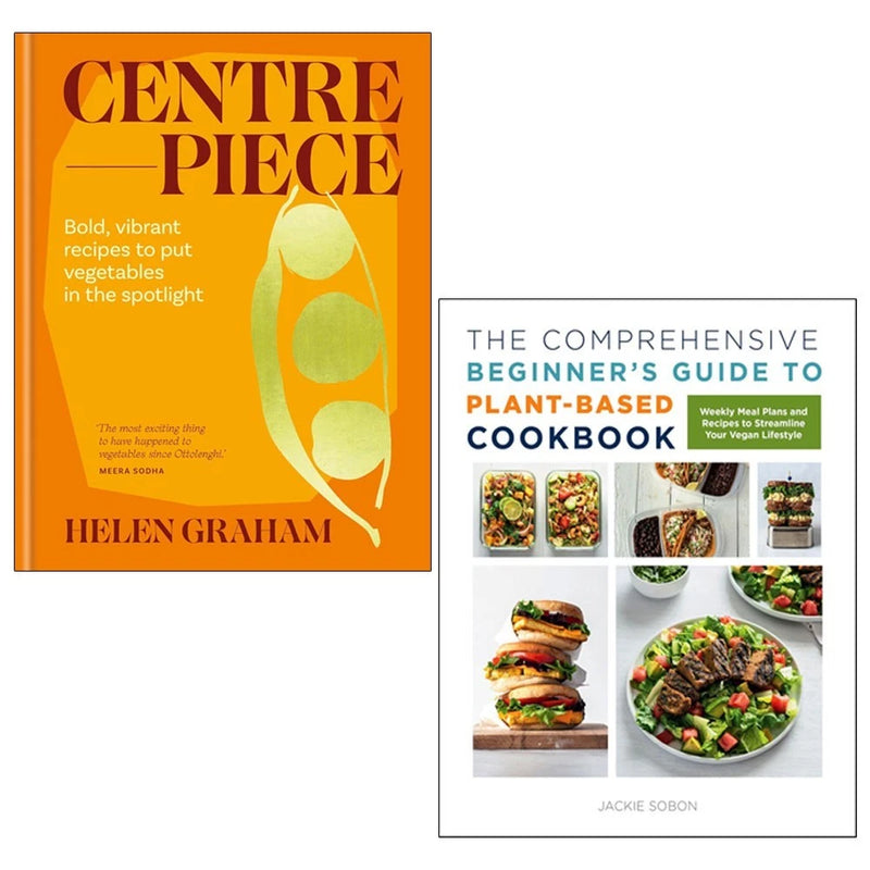 Hardcover plant-based cookbook and centerpiece collection by Jackie Sobon and Helen Graham, featuring vibrant recipe and decor photos.