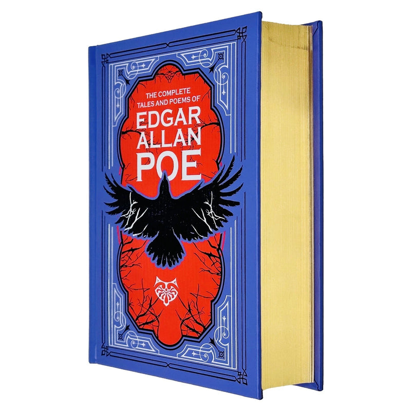 Leather-bound edition of Edgar Allan Poe's complete tales and poems, featuring ornate cover design and classic typography.