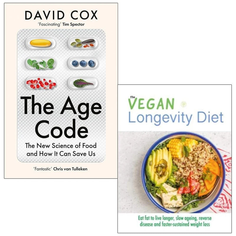 The Age Code and Vegan Longevity Diet books collection by David Cox and Iota, featuring cover images on a white background.