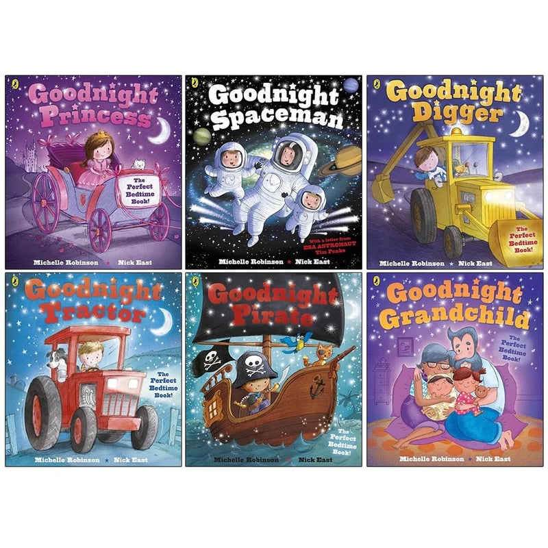 Six paperback fiction books from the Goodnight Collection by Michelle Robinson and Nick East, featuring colorful illustrated covers.