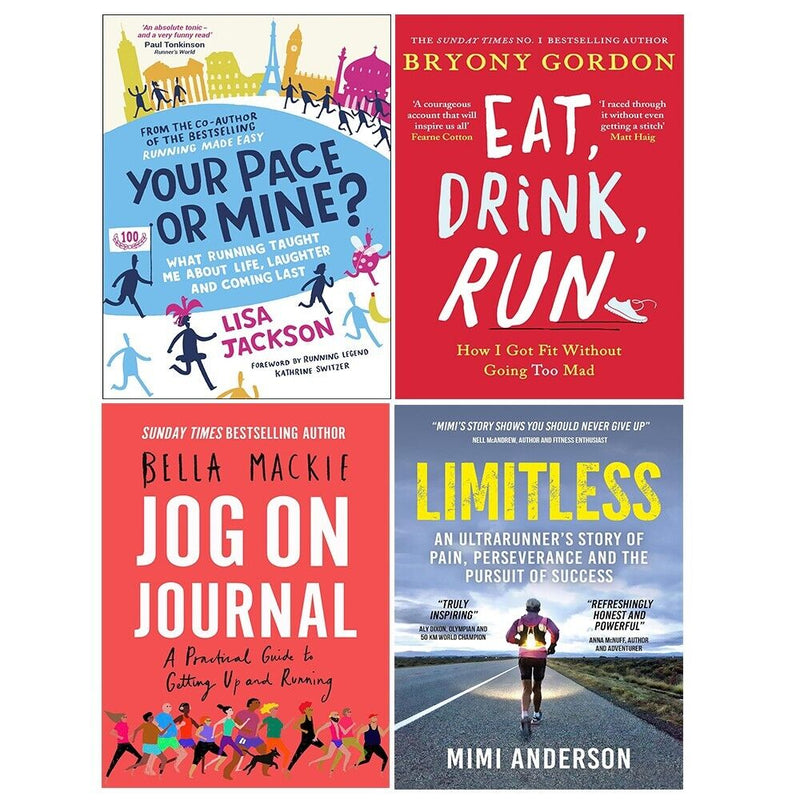 Set of four "Your Pace or Mine" journals by Bella Mackie, featuring stylish covers for eating, drinking, running, and jogging logs.