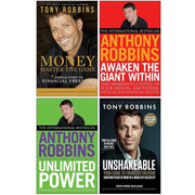 Four Tony Robbins non-fiction paperback books in the Money Master The Game, Awaken The Giant Within, Unlimited Power, Unshakeable collection set.
