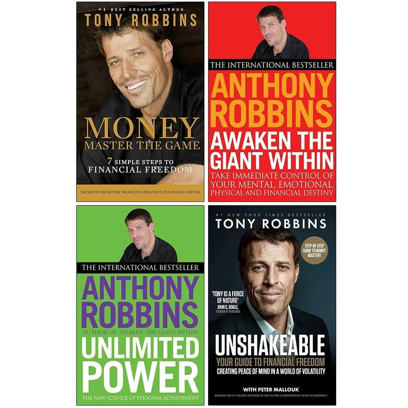 Four Tony Robbins non-fiction paperback books in the Money Master The Game, Awaken The Giant Within, Unlimited Power, Unshakeable collection set.