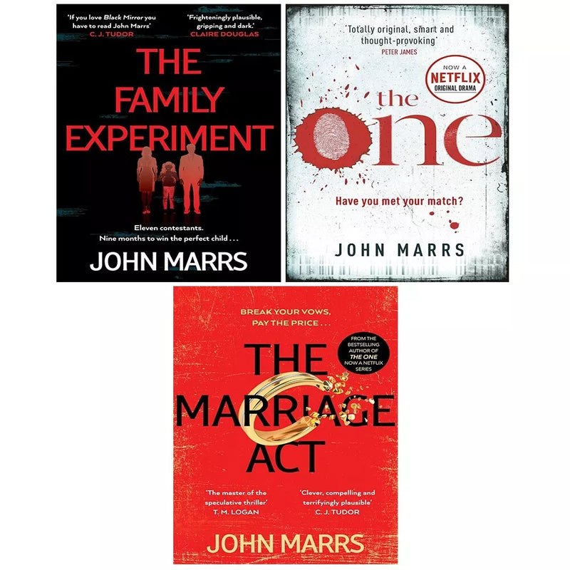 Dark Future Series 3 books set by John Marrs, including One, Marriage Act, and Family Experiment, featuring pan/Del Rey editions.