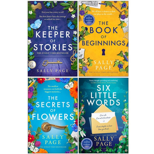 Set of four Sally Page fiction paperback books, including The Keeper of Stories and The Book of Beginnings, with cover art visible.