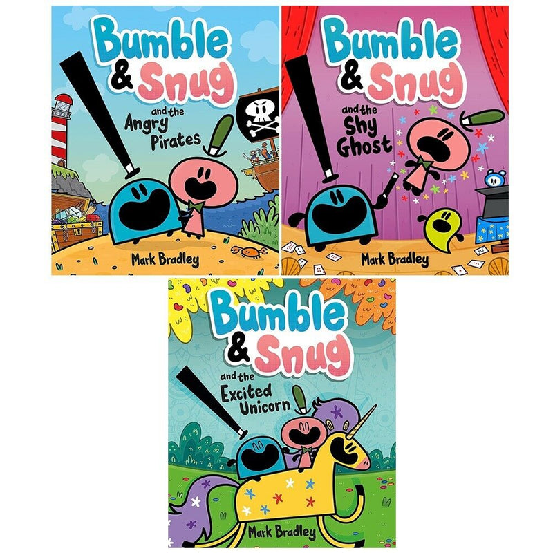 Set of three Bumble and Snug children's books by Mark Bradley, including Angry Pirates and Shy, published by Hachette Children's Group.