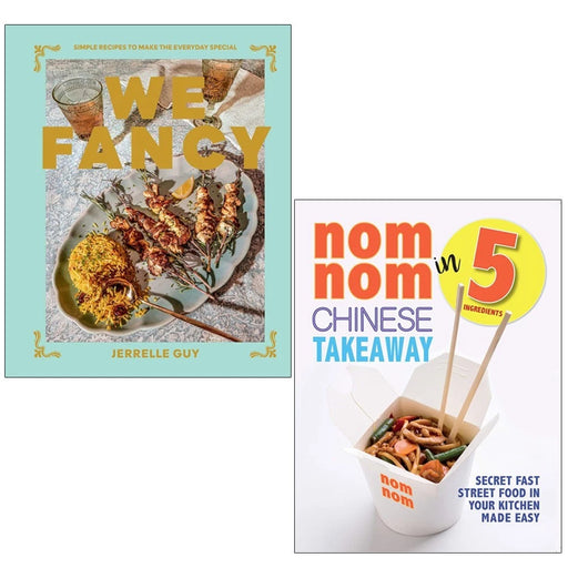 Set of two hardcover cookbooks by Jerrelle Guy featuring simple Chinese takeout recipes with five ingredients each, published by Iota.