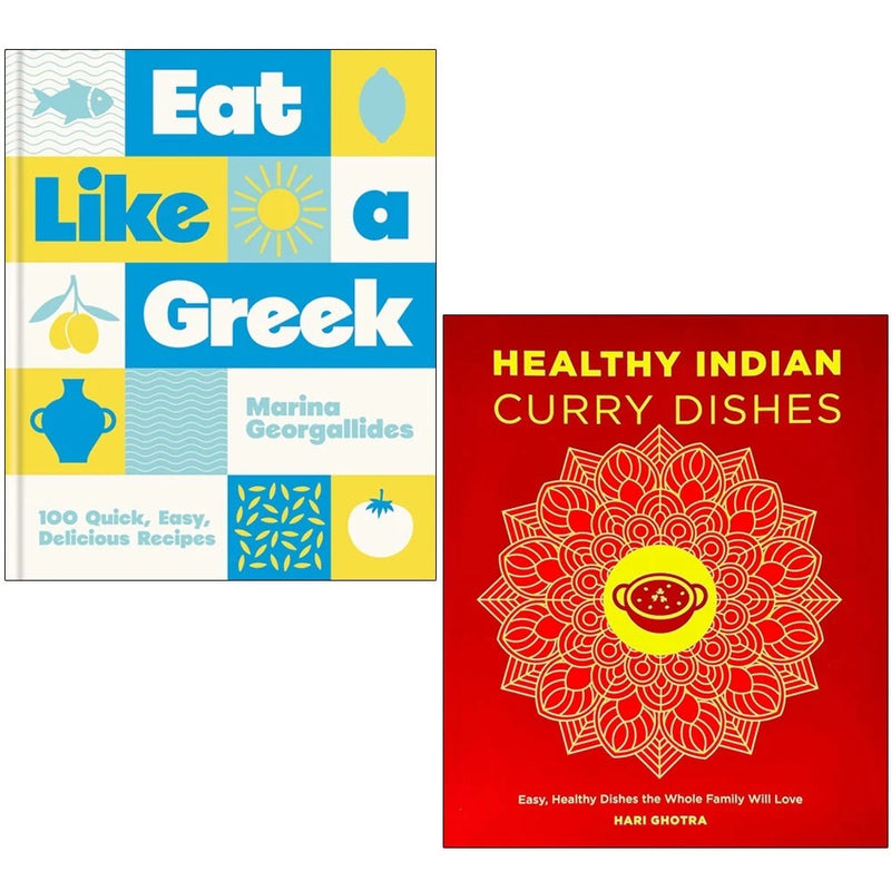Cookbook set featuring "Eat Like a Greek" and Indian curry recipes by Marina Georgallides and Hari Ghotra, hardcover collection.