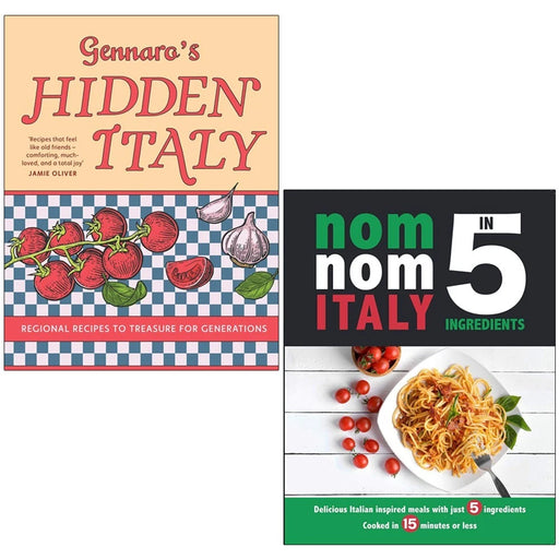 Set of two hardcover cookbooks by Gennaro Contaldo, featuring Italian recipes from Gennaro’s Hidden Italy & Nom Nom Italy collections.